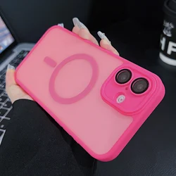 Matte Translucent Magnetic Phone Case with Glass Lens Protection Cover - iPhone 14 (Rose)
