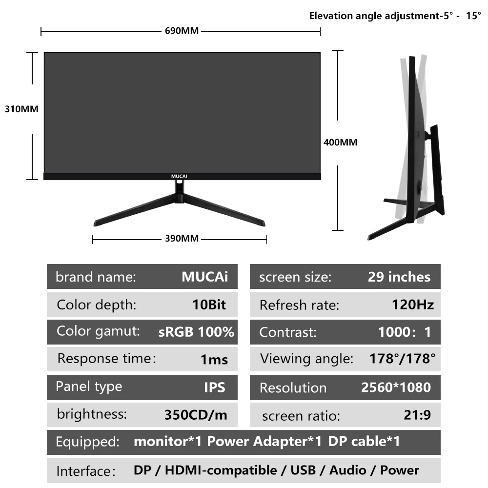 MUCAI WFHD ̵ ÷ 21:9 IPS ũž LED, Ŀ ̸ ǻ ȭ DP, 2560*1080, 29 ġ , 120Hz Quasi-2K