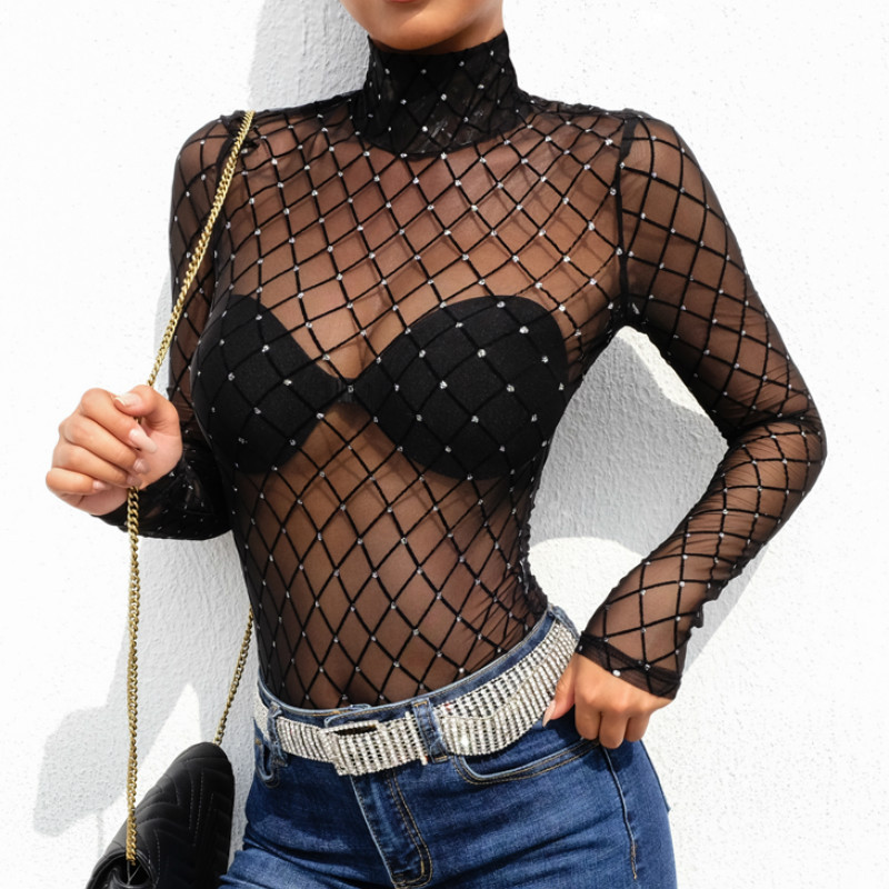 Crystal Fishnet Sexy Bodysuit Tops Women Mesh Sheer See Through Long Sleeve Bodycon Bodysuits Summer Club Body Top Female 2022