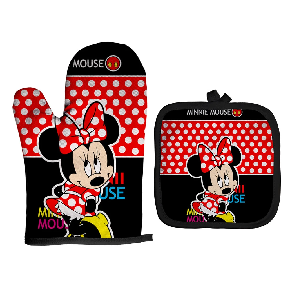 MINISO Disney Microwave Oven Mitts Anti-scalding Gloves Mickey Mouse Oven Mitten Potholder Insulation Mat Baking Kitchen Tool silicone oven mitts kitchen gloves silicone oven gloves cotton pot holders silicone oven protector
