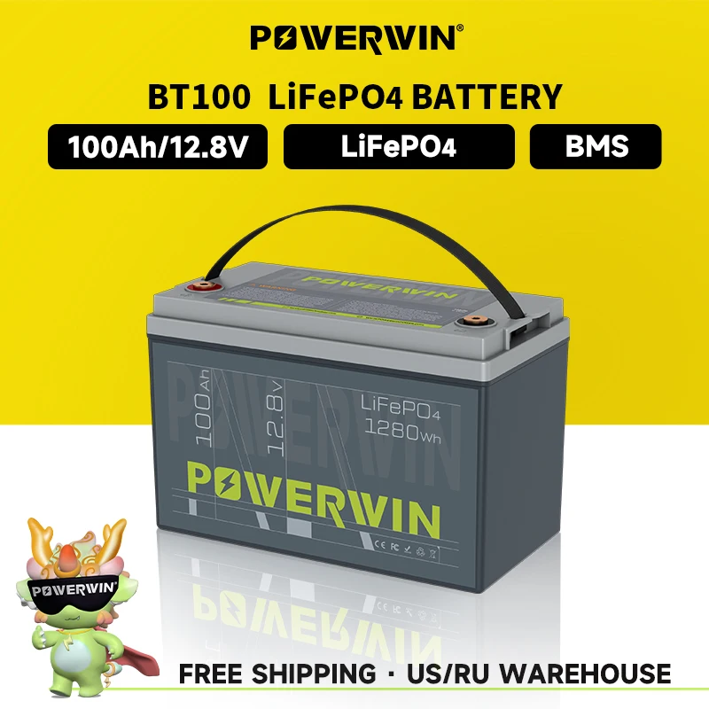 Аккумулятор POWERWIN RV LiFePO4 100 Ач/в 12 В Встроенная система BMS BT100 для заряда автомобиля, энергосберегающая система солнечной энергии, инвертор системы питания