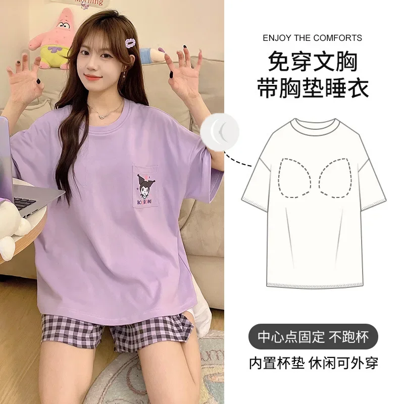 

2024 new spring and summer pajamas women's loose round neck cute Kuromi homewear thin shorts short-sleeved suit with chest pad