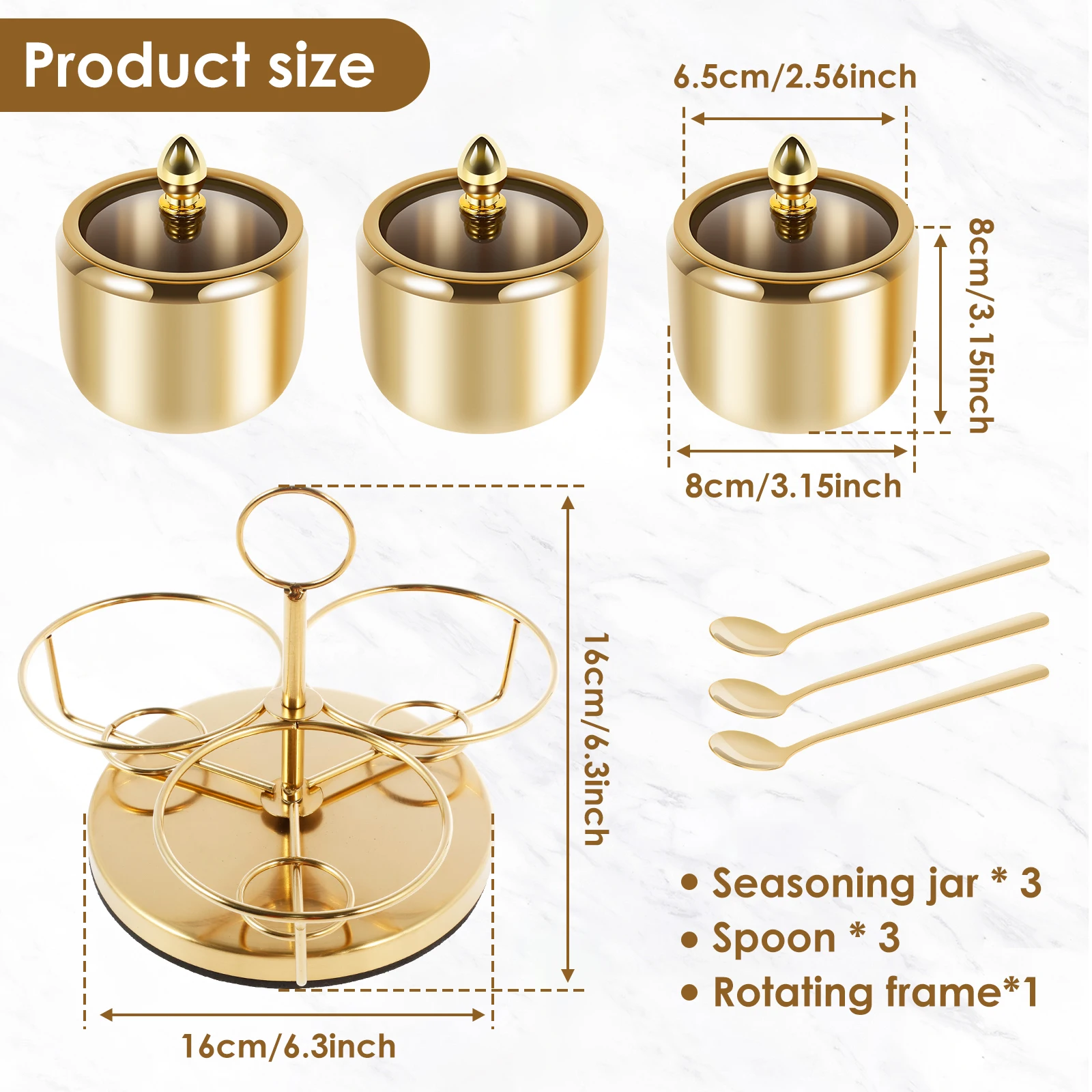 Stainless Steel Sugar Bowl Set Rotatable 3 Flavour Seasoning Jar Seasoning Box Dispenser Container with Glass Lid for Kitchens