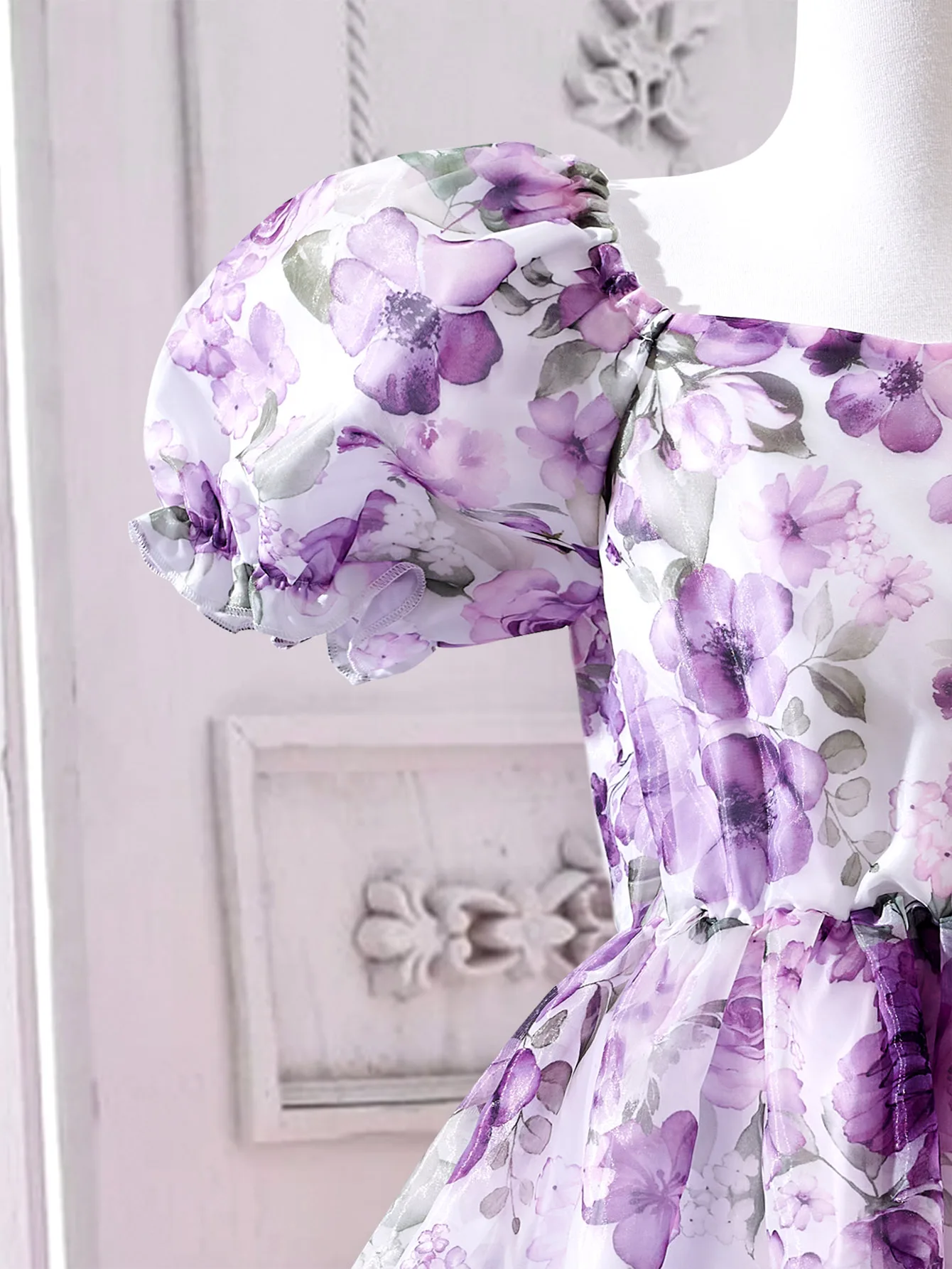 Enchanting Purple Floral Dress for Girls - Puff Sleeves & Waist-Hugging Silhouette