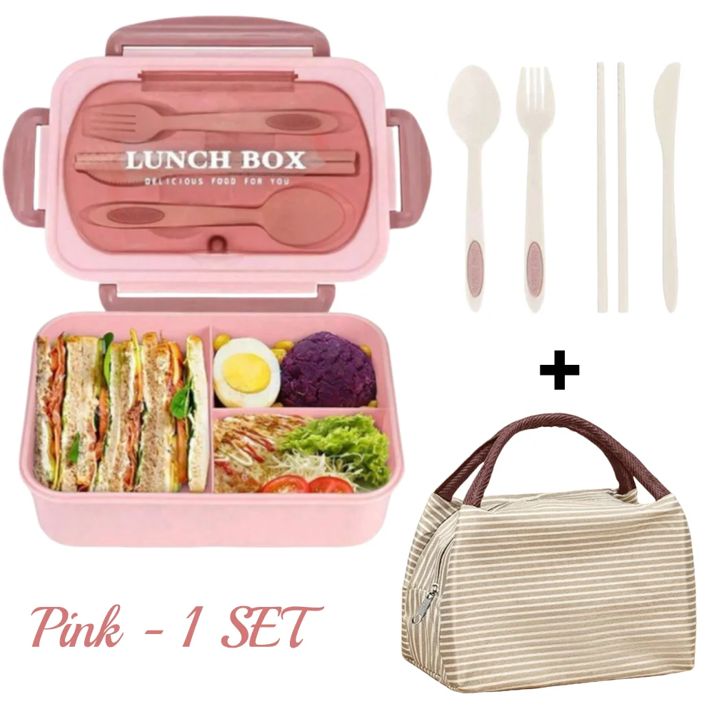 Leak-Proof Bento Lunch Box Set with Utensils & Insulated Bag - 3 Compartments