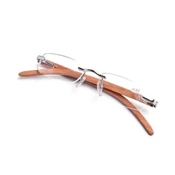 Rolipp Elegant Rimless Blue Light Blocking Reading Glasses with Wood Temples - Premium Eyewear Gift - +350 (Silver)