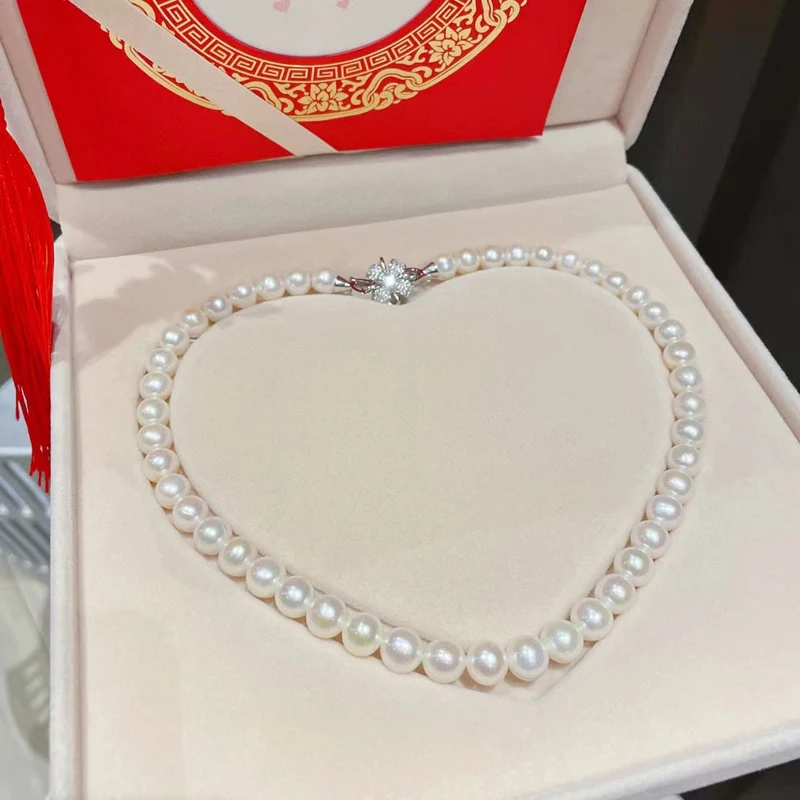 A Butterfly 9-10MM Natural Freshwater Pearl Clavicle Necklace Nearly Round Slightly Defects Shiny Chain Length 40-50Cm