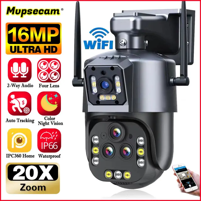 Ultra 16MP 8K WIFI PTZ IP Camera Surveillance Security Four Lens Camera 20X Zoom AI Auto Tracking Video CCTV Camera IPC360 Home 1