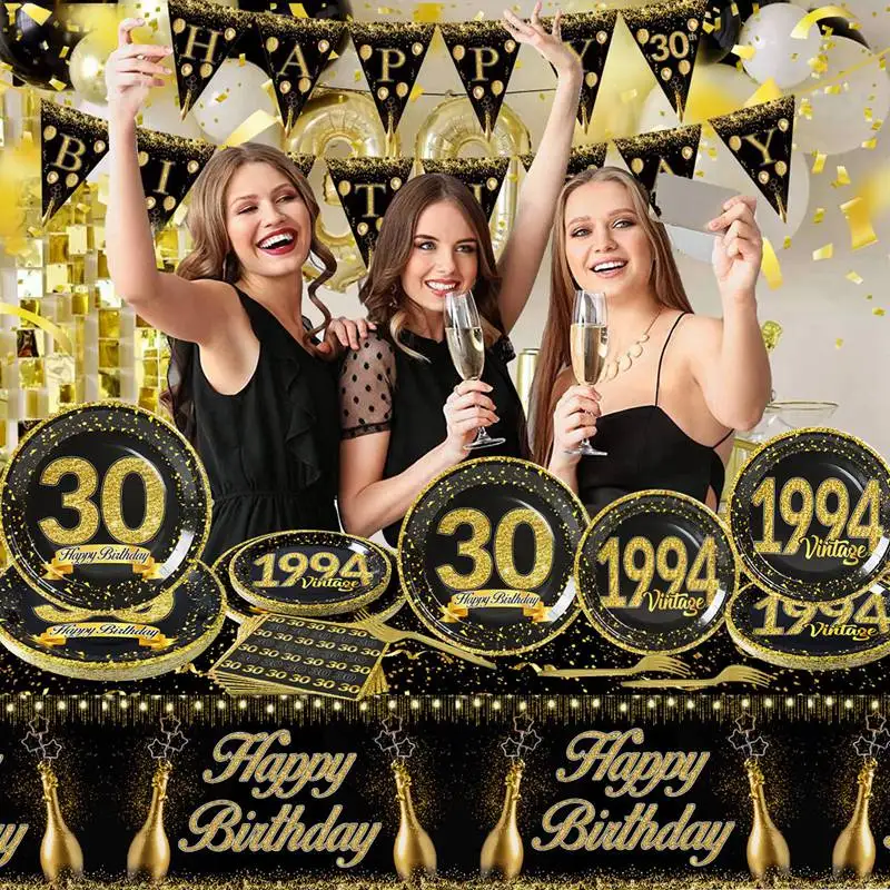 30 Jahre Geburtstagsparty-Geschirr, Schwarzgold, Einweg-Pappteller, Servietten, 30. 40. 50. Partyzubehör, Jubiläum – Detail 3