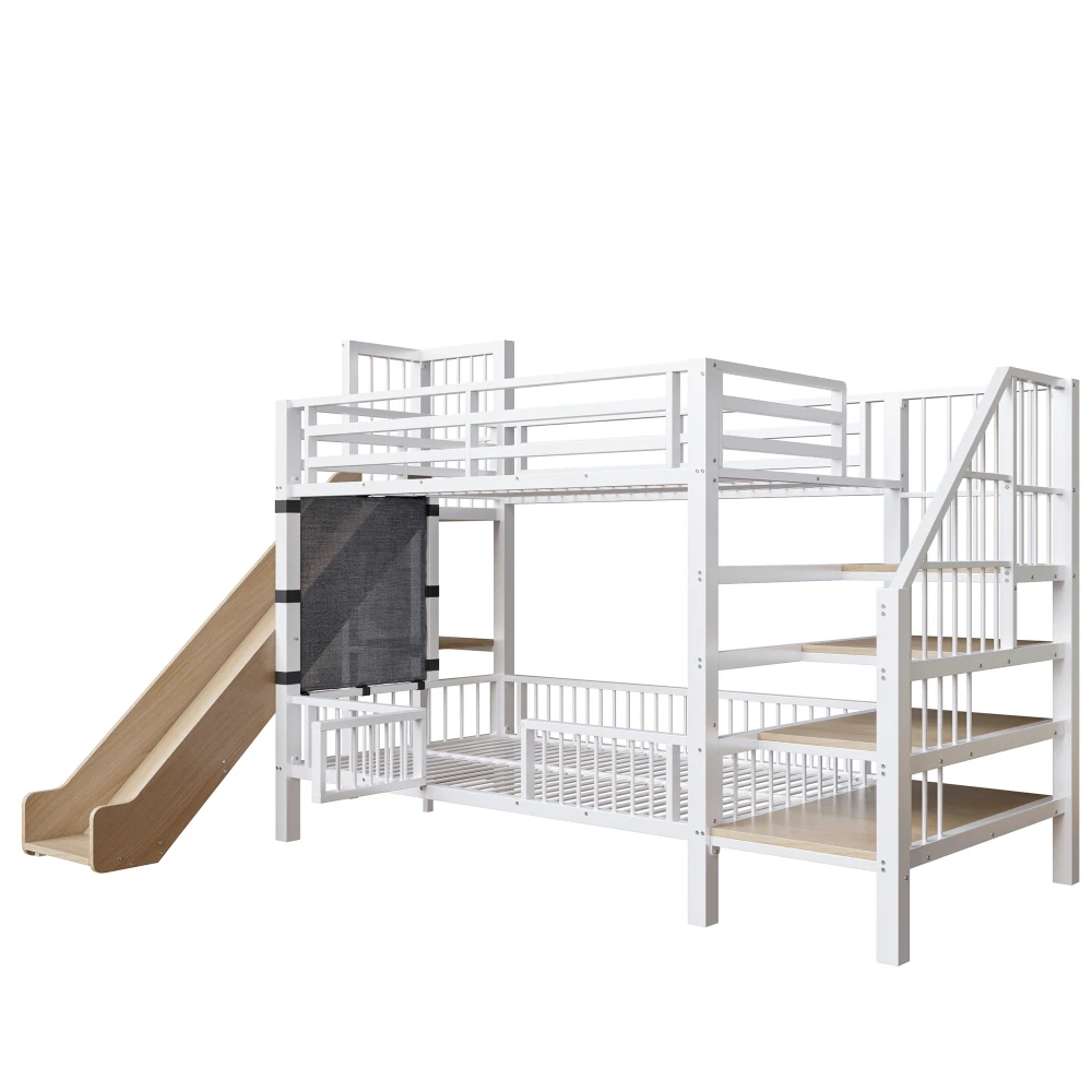90*200cm Metal Bed for Children, with Slide and Storage Staircase, Bunk Bed with Protective Lattice Door, Integrated Shelves