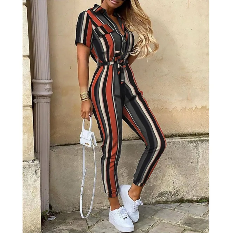 

Women Casual Pants V-neck Buckle Printed Waistband Work Suit Jumpsuit Fashion Pocket Striped Romper Summer Short Sleeve Bodysuit