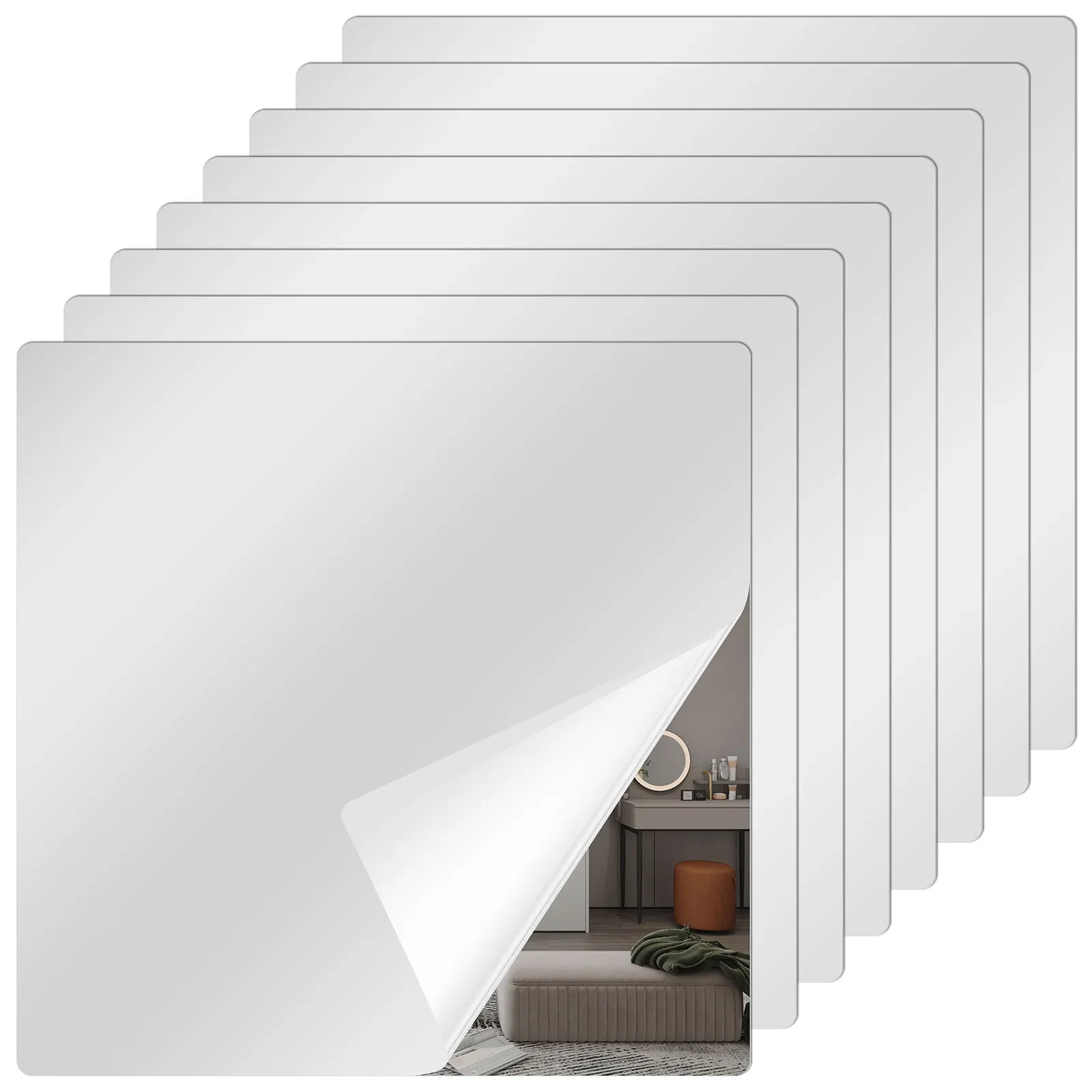 8PCS Mirror Wall Sticker Self Adhesive Mirror Tiles Acrylic Squares Home Decorative Stickers Sheets Acrylic