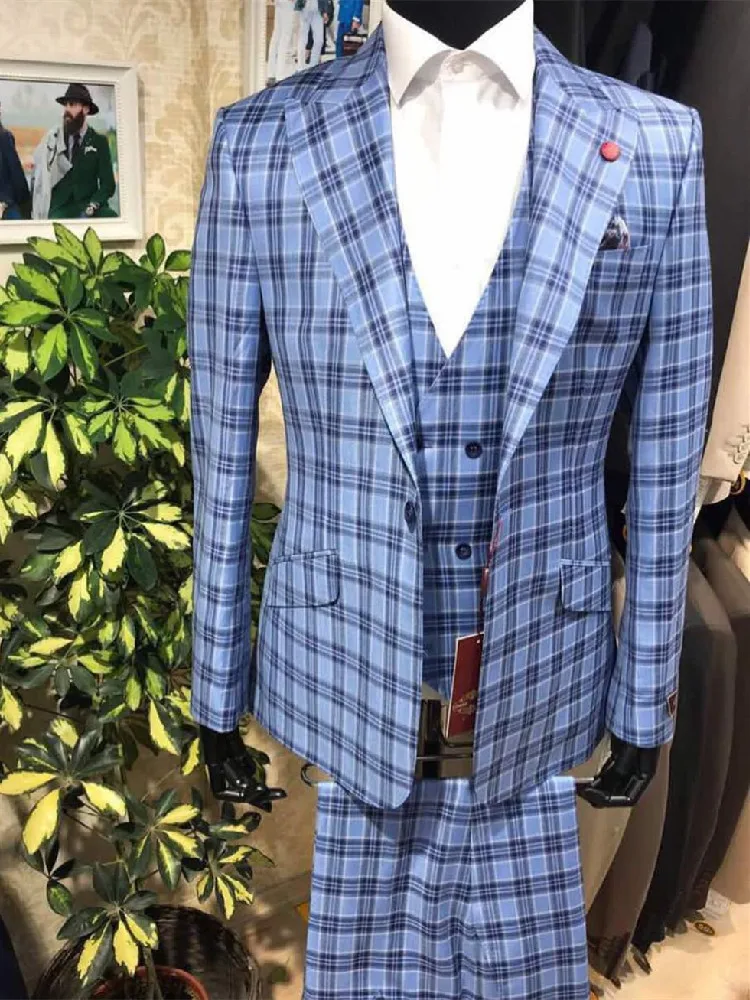Blue Plaid Men Suit 3 Pieces Business Blazer Vest Pants One Button Fashion Wedding Groom Formal Work Wear Party Causal Tailored
