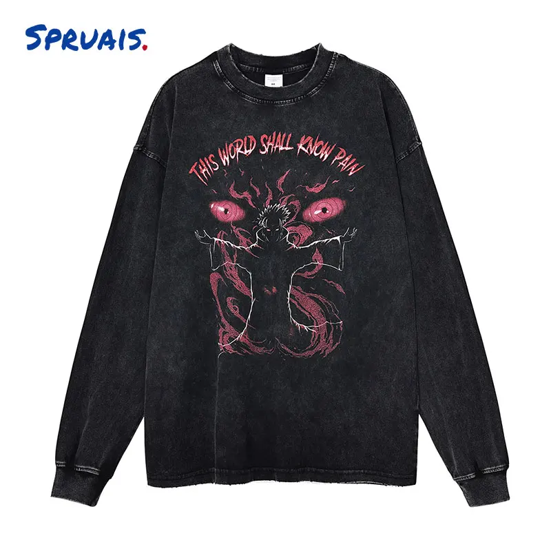 

Anime Naruto T Shirts Long Sleeve Vintage Washed Itachi Hoodie Manga Sweater Oversized Sweatshirts Pain Sasuke Men Tops Tees