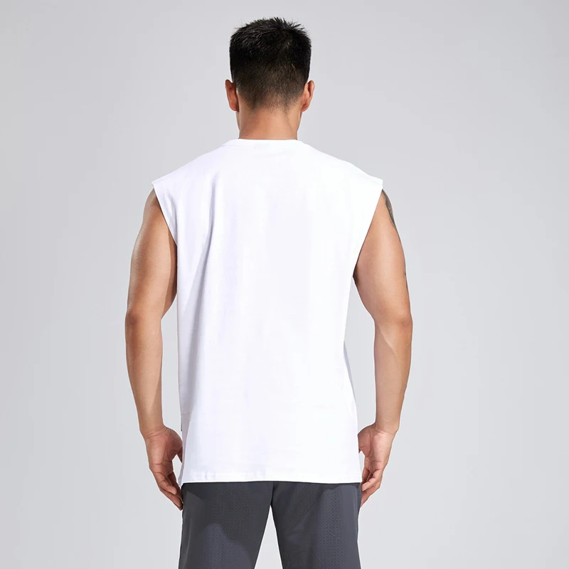 Cotton men's vest fashion wide shoulder round neck sleeveless top embossinglogo design fitness exercise sportswear