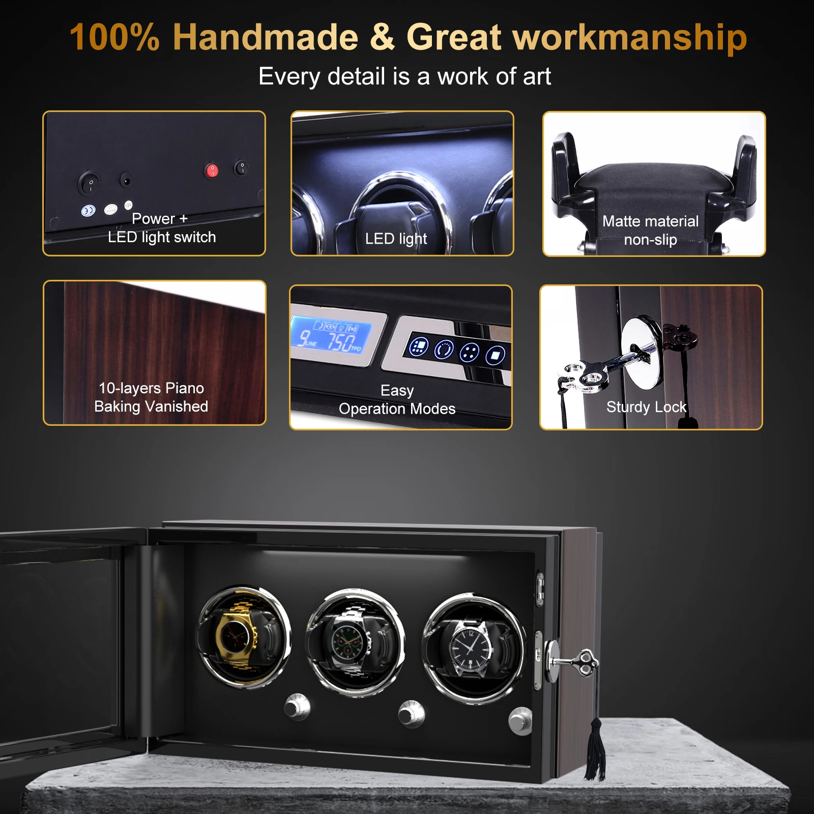 Watch Winder For 3 6 9 Automatic Watches LCD Touch Screen and Led Light Wooden Watch Safe Storage Box