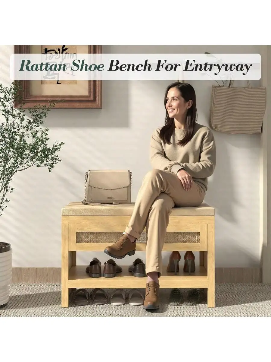Apicizon Rattan Shoe Storage Bench Whith Cushion Thickened Wood Entryway Bench with Storage Drawer Farmhouse Shoe Rack B 2