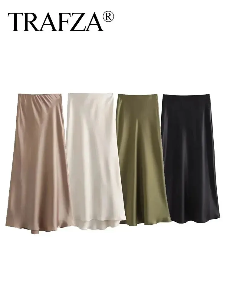 HH Skirts For Women Elegant Solid Long Skirt Spring Woman Elastic High Waist A- Line Casual Female Satin Skirts Streetwear