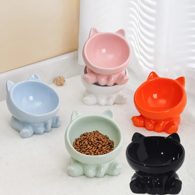 

Pet Bowl Netflix Cat Bowl Ceramic Neck Care Cute Cat Cat Eating Water Slant Mouth One Piece Tall Dog Bowl Stand Alone Station