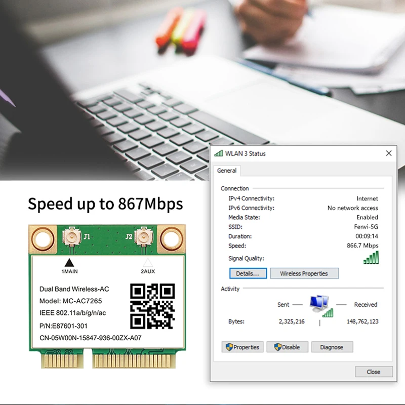 Wifi 5 1200Mbps Bluetooth 4.2 Half Mini PCI-E Wifi Card MC-AC7265 Wireless802.11ac 2.4G 5Ghz for Laptop Win 7 8 10 11 wifi network card