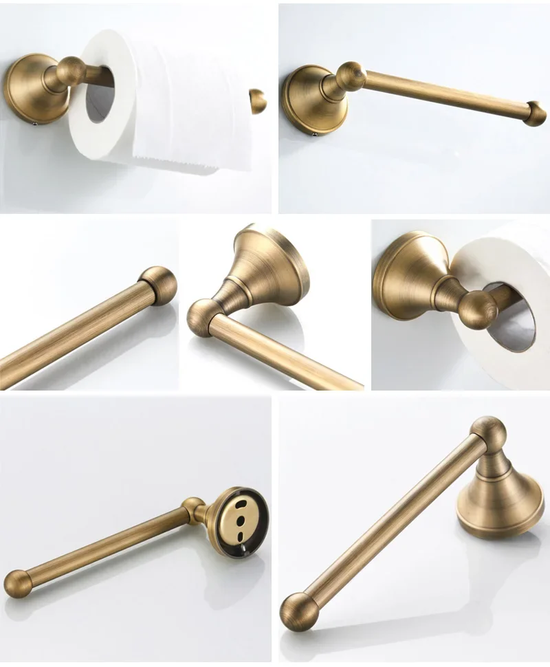 Antique Brass Bathroom Hardware Set - Toilet Paper Holder, Towel Ring, and Robe Hook
