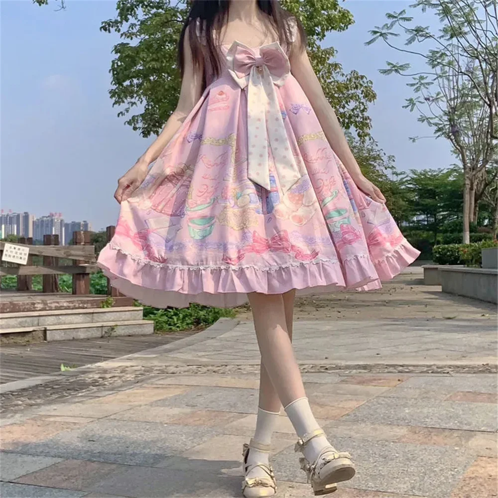 Cute Rabbit Printing Blue Wave Dot Bowknot Girls Sweet Lolita Dress Elegant Princess Vestidos Kawaii Loli Cosplay Lolita Jsk