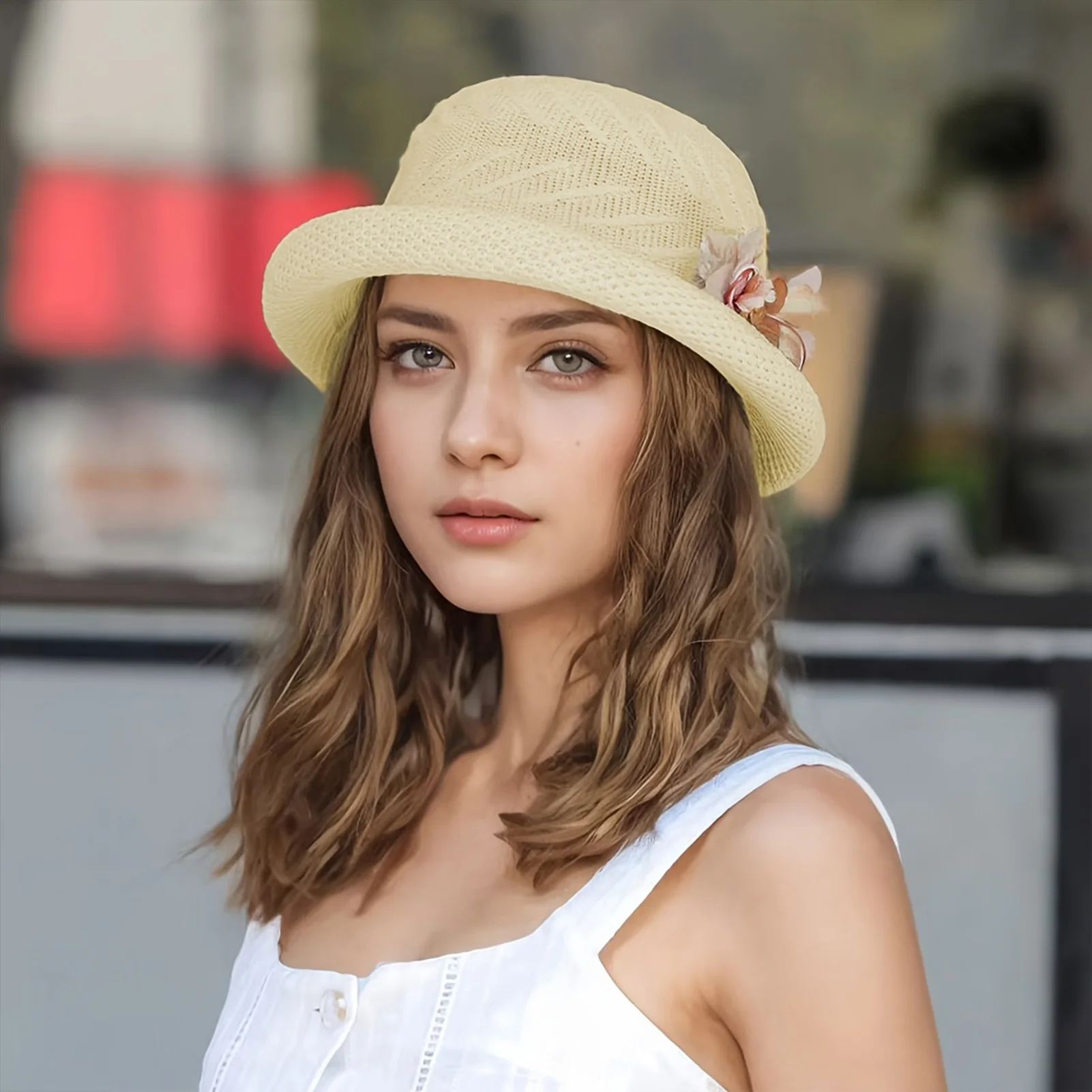 Sommer-Sonnenhut für Damen, Blumen-Eimerhüte, gerollte Krempe, Sonnenschutz, Outdoor, Strand, Reisen, Eimerhüte zum Angeln, Camping, Reisen – Detail 5