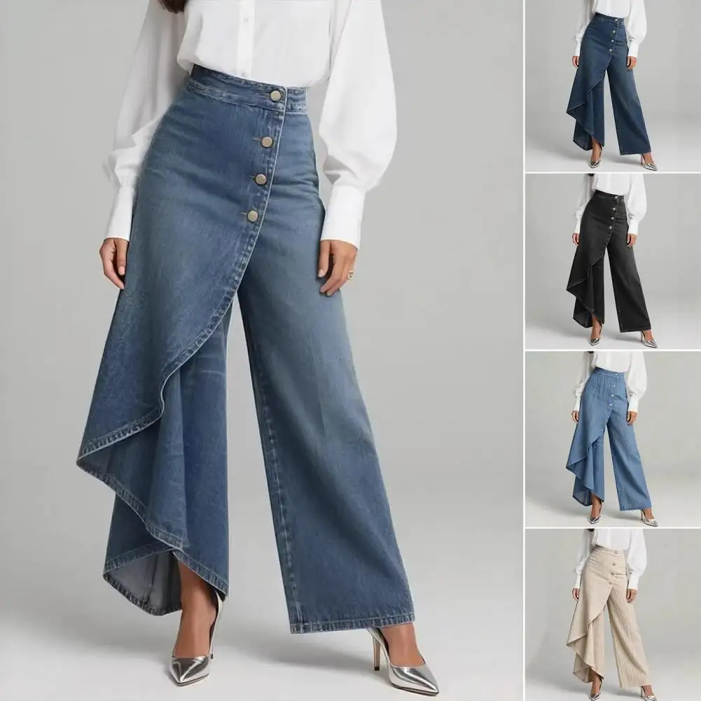 Y2KPants Spring Summer Fashion Long Solid Color Casual Buckle Loose Wide Leg Pants Women Trousers Faux Denim