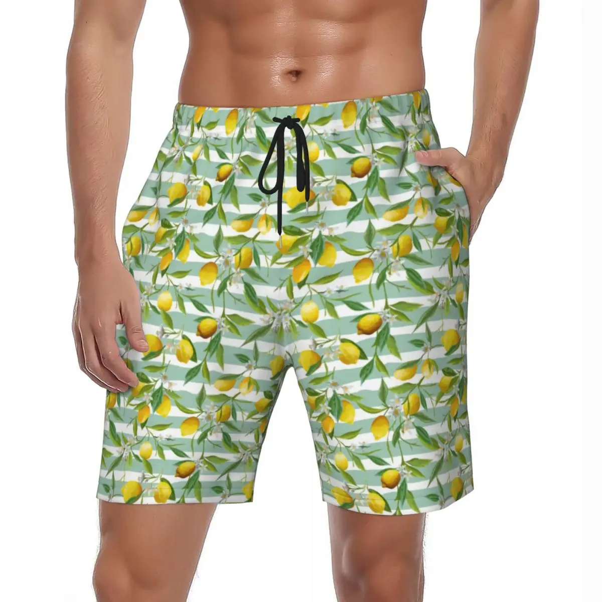 

Шорты мужские спортивные в полоску, быстросохнущие штаны для спортзала, гавайский рисунок, лимонный цветок, летние большие плавки