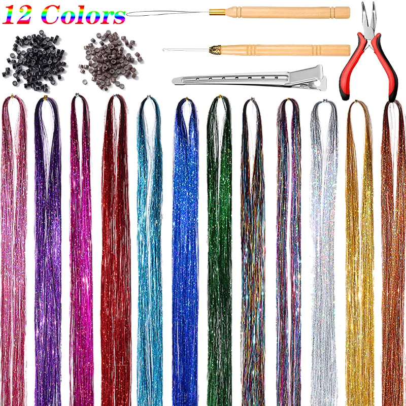 

2400 Strands Hair Tinsel Strands Kit 47Inch Glitter Sparkling Shiny Braiding Hair Strands for Women Girls Party Hair Accessories