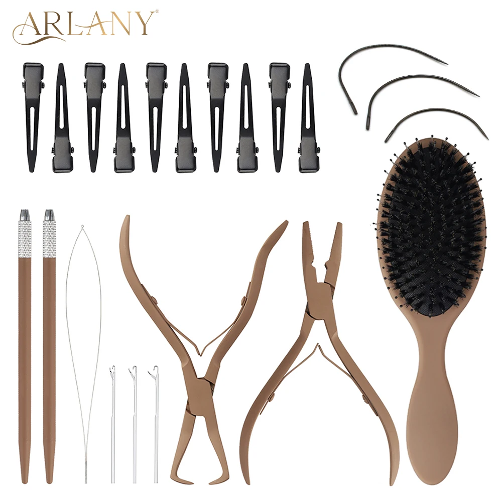 

ARLANY Hair Extension Pliers Kits Tan Color Pliers for Micro Beads Ring Threader Loop Tools Weft Extensions Boar Hair Brushes