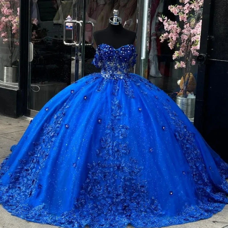 

King Blue Princess Quinceanera Dress Off Shoulder 3D Floral Applique Gillter Skirt Vestido 15 Anos Sweet 16 Prom Party Gown New