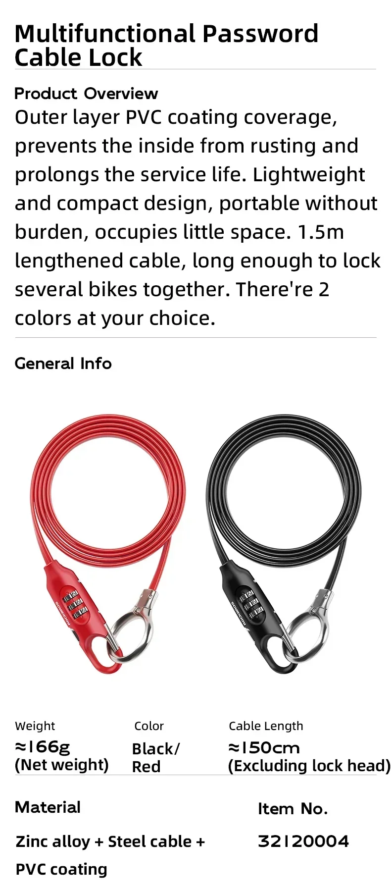 Description Picture 3 of itemROCKBROS Portable Bicycle Lock High Security Anti-theft Locks Safety Bike Chain Lock for Motorcycle Electric E-Bike Accessories