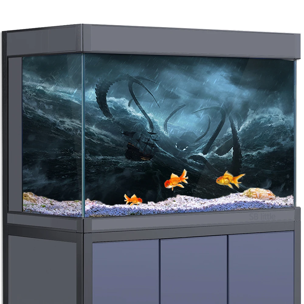 Aquarium Background Sticker Decoration for Fish Tanks, Sea Monster  Rainstorm Boat HD 3D Poster 5-55 Gallon Reptile Habitat