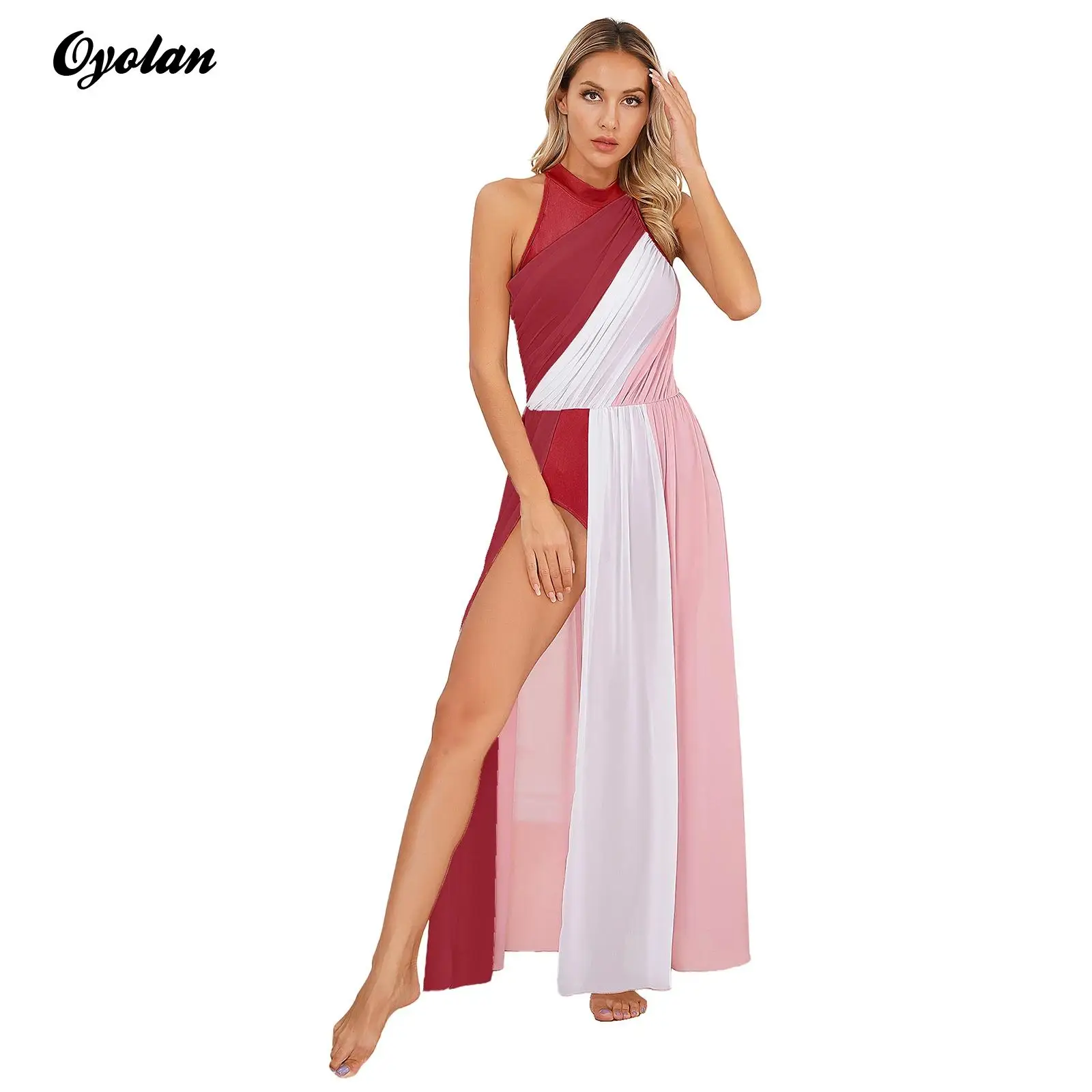 

Womens Gymnatics Ballet Lyrical Dance Leotards Dress Adult Dancewear Mock Neck Sleeveless Modern Lyrical Split Dance Dresses