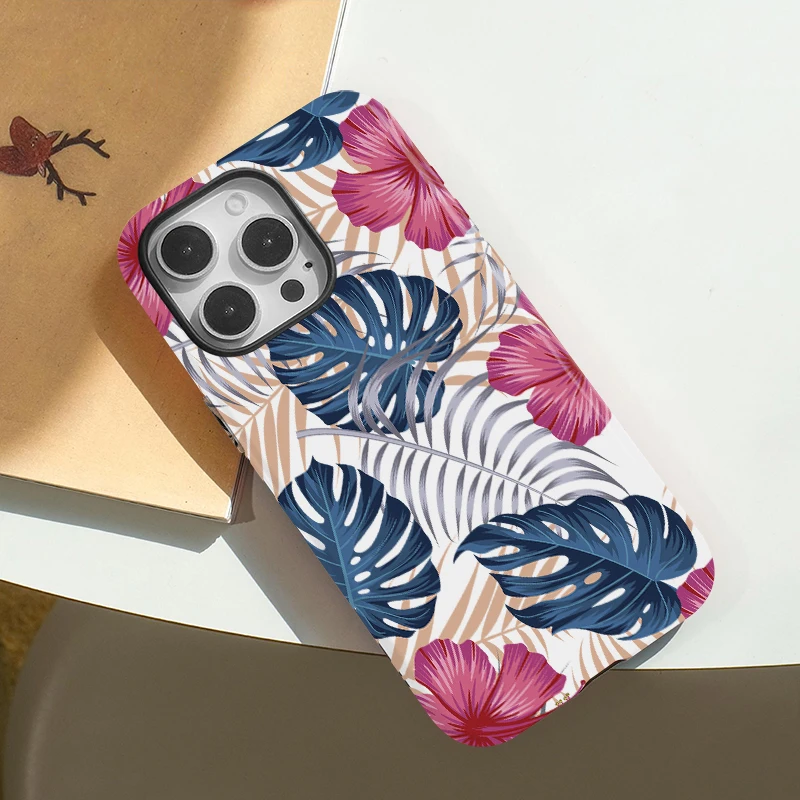 Magnetic Luxury Silicone Phone Case with Wireless Charging and Leaf Print Design