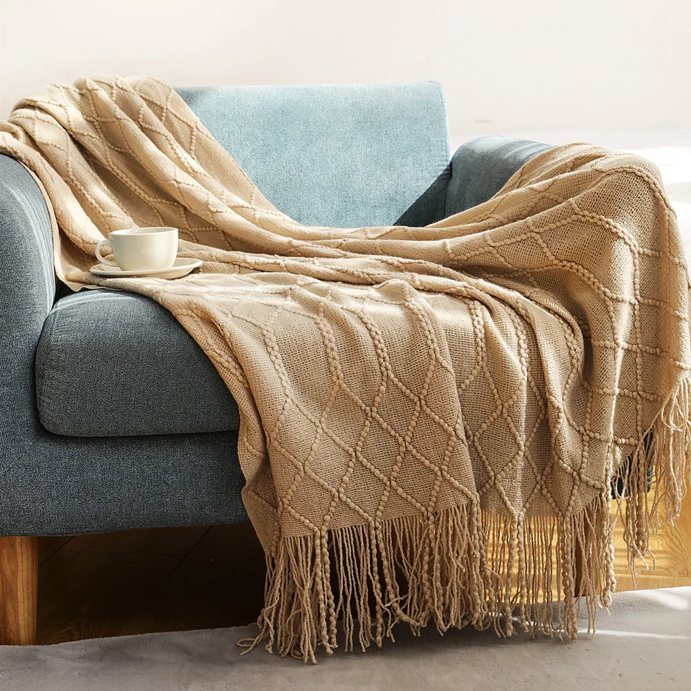 Khaki Luxury Chunky Knit Blanket with Tassels - Vintage Farmhouse Throw