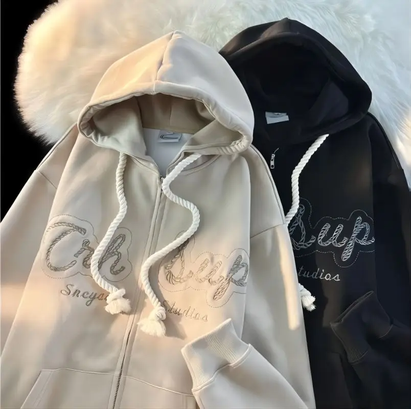 CGC Fashion Letter Embroidery Zip-Up Hoodies Women Autumn Winter Korean Style Loose Sweatshirts Female y2k Hooded Outerwear