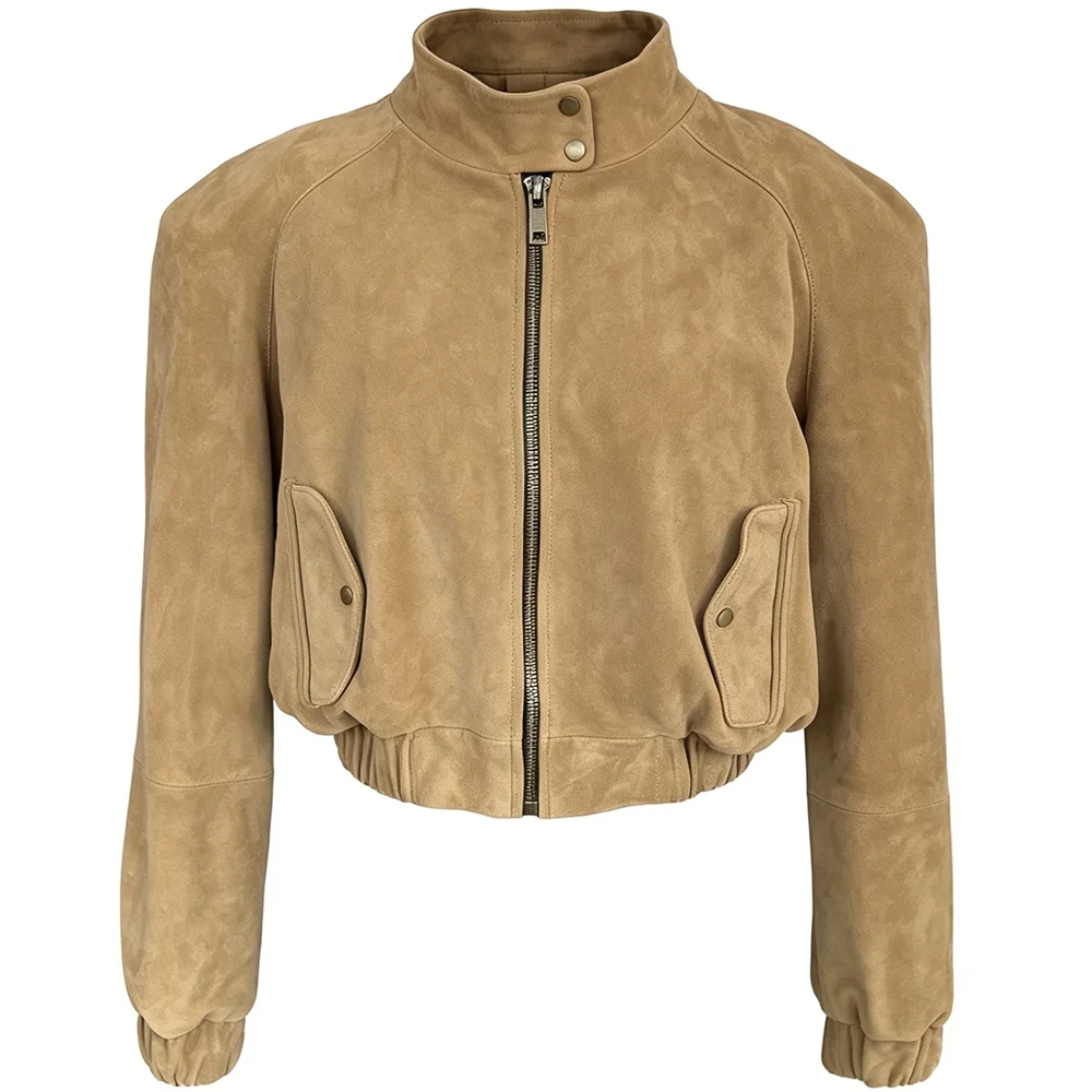 YOLOAgain Suede Leather Jacket Coat Women Real Leather Cropped Jacket Bomber Jacket