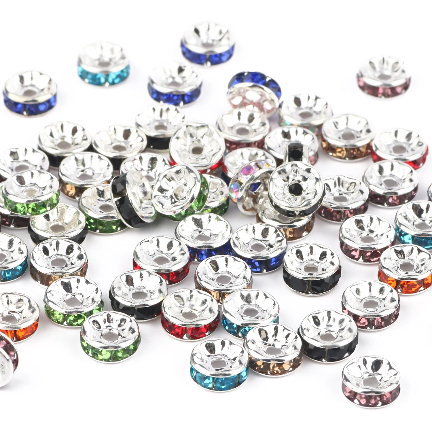 50 unids/lote de cuentas espaciadoras sueltas redondas de cristal para fabricación de joyas, accesorios para pulseras y collares de 4, 6, 8 y 10mm con diamantes de imitación