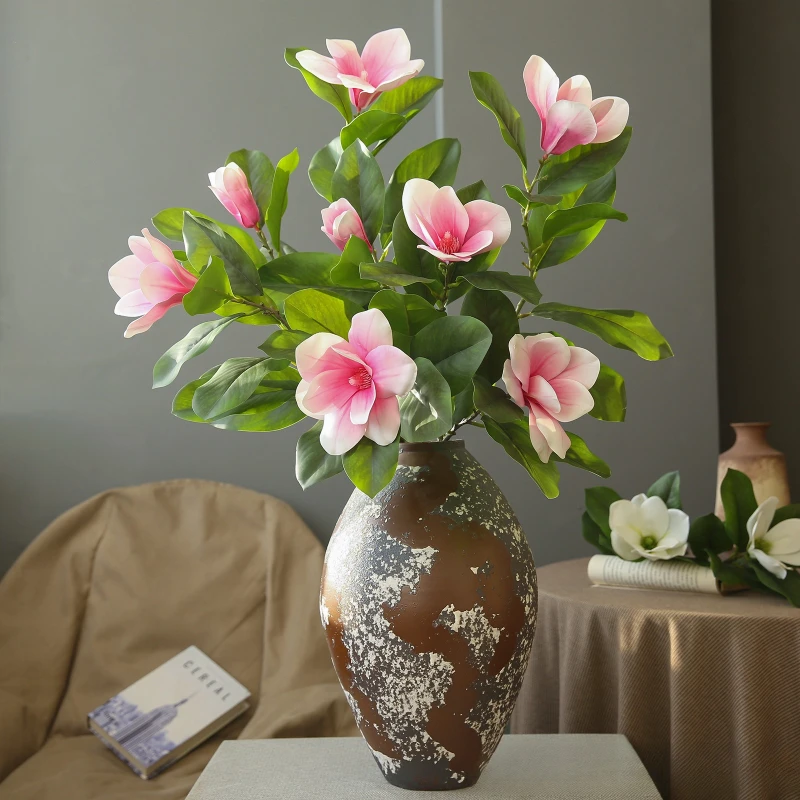 3 Stück Künstliche Blumen Echt Aussehende Seiden-Magnolien-Zweige Kunstblumen für Heim-Eingangsbereich-Dekoration Künstliche Magnolien Grünpflanze