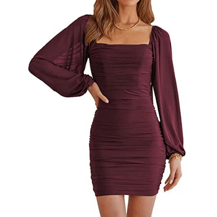 

2024 Womens Dresses Square Neck Mesh Long Sleeve Ruched Bodycon Cocktail Dress for Women Clubwear Mini Dress