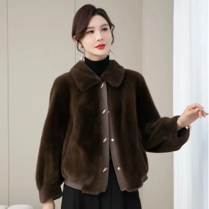 Middle-Aged Women Temperament Mink Fur Coat Winter New Female Fashion Short Pure Color Faux Fur Outcoat Casual Warm Outerwear