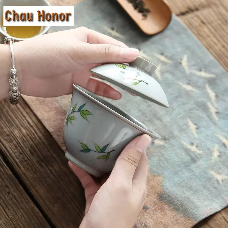 150ml Japanese Underglaze Color Hand-painted Bamboo Painting Tea Bowl Ceramic Cover Bowl Kungfu Teaset Customized Gift Tea Maker