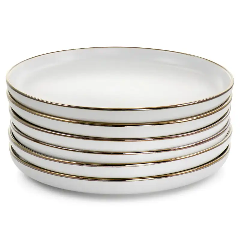 

6 Piece Stoneware Dinner Plate Set in Matt White with Gold Rim