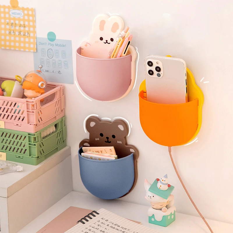 Kawaii Cartoon Bear Bunny Pen Holder Cute Storage Rack Self Adhesive Cosmetics Brushes Holder Korean Stationery Desk Organizer pen holder