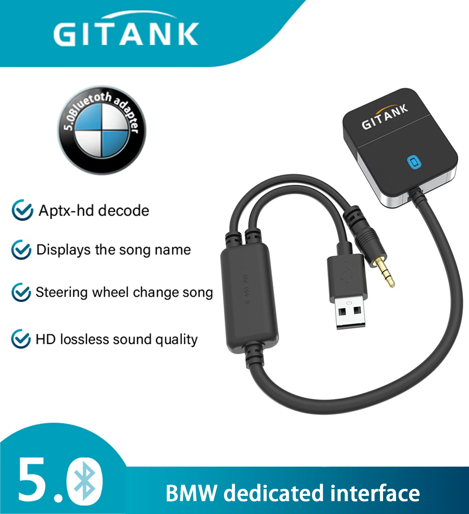 Gitank-adaptador Bluetooth 5.0 com Cabo y para Bmw Usb Aux Ipod Iphone Interface de Música Não Adequado para Mini