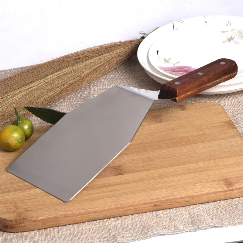 Shredded Stainless Steel Frying Shovel Iron Plate Roast Pizza Shovel Steak Wooden Handle Kitchen Accessories
