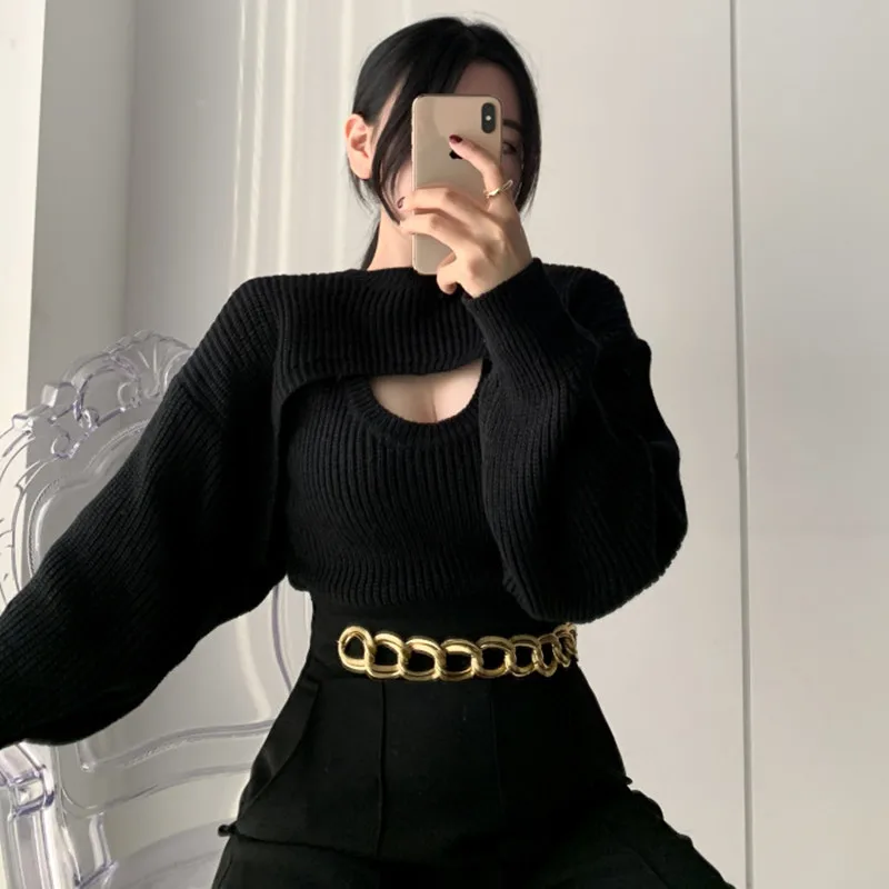 Autumn and Winter New Fashion Women's Clothing Two-piece Set Elegant Long-sleeved Sweater Sexy Vest Lady's Knitted Pullovers