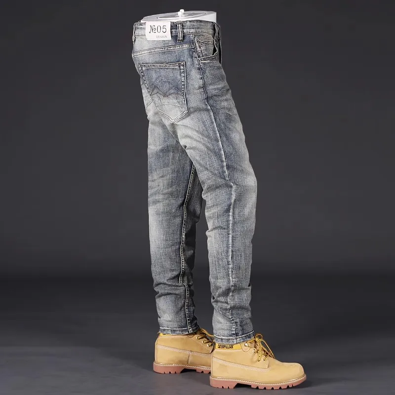 Fashion Designer Men Jeans High Quality Retro Washed Blue Stretch Slim Fit Ripped Jeans Men Vintage Casual Denim Pants Hombre